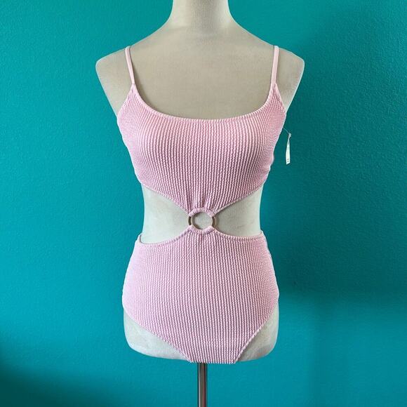 NWT Aerie Crinkle Cut Out Cheeky One Piece Swimsuit Parfait Pink Beach - Picture 3 of 7